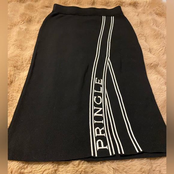 PRINGLE OF SCOTLAND X H&M BLACK WHITE LOGO FAUX WRAP KNIT MIDI SKIRT - S - Picture 2 of 6